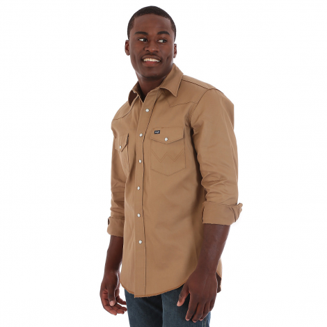 Work Shirt - Solid Beige Cowboy Cut Firm Western Snap Men - Wrangler Size M  Color Camel