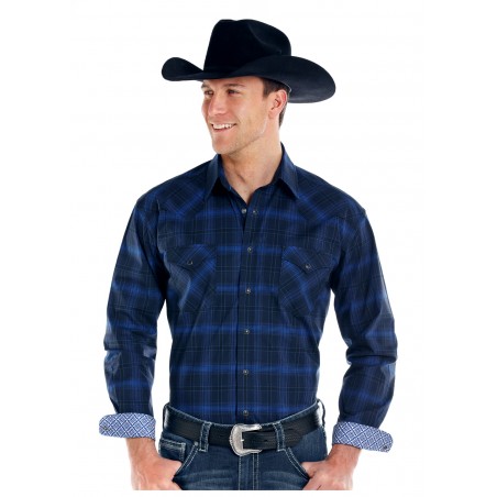 Western Shirt - Dark Blue Plaid Ellington Vintage Ombre Men - Panhandle