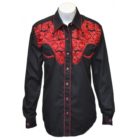 Chemise Western - Noir Broderie Rouge Femme - Western Express