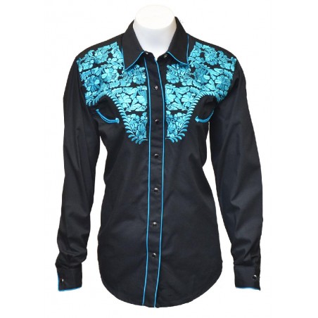 Chemise Western - Noir Broderie Turquoise Femme - Western Express
