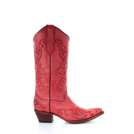 Santiags Cuir Vachette Rouge Broderie Bout Pointu Femme Corral