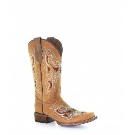 Bottes Roper - Cuir Vachette Camel Broderie Brune Femme - Corral Boots