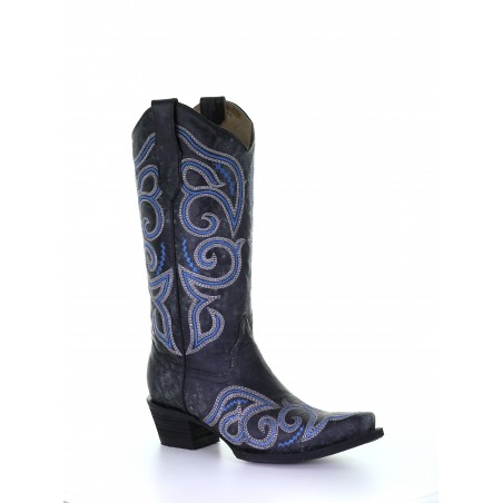 Cowgirl Boots - Cowhide Black Blue Embroidery Women - Corral Boots