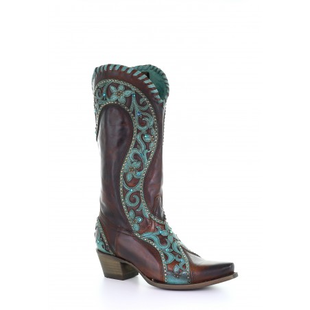Cowgirl Boots - Cowhide Brown Turquoise Overlay Woven Crystals Women - Corral Boots