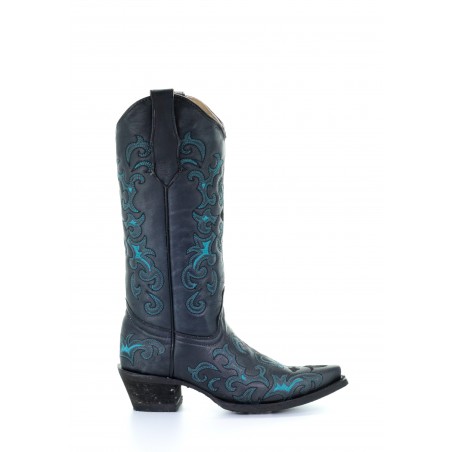 Santiags - Cuir Vachette Noir Broderie Turquoise Femme - Corral Boots