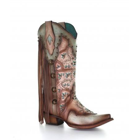 Santiags - Cuir Vachette Beige Turquoise Franges Conchos Femme - Corral Boots