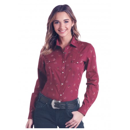 Western Shirt - Burgundy Horseshoe Print Women - Panhandle