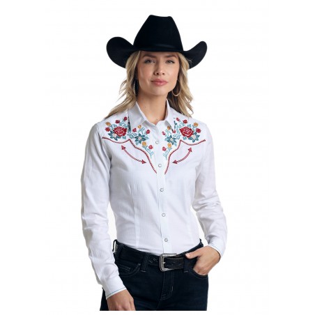 Chemise Western - Blanc Broderie Florale Femme - Panhandle