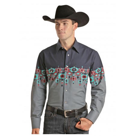 Chemise Western - Gris Motif Aztec Homme - Panhandle