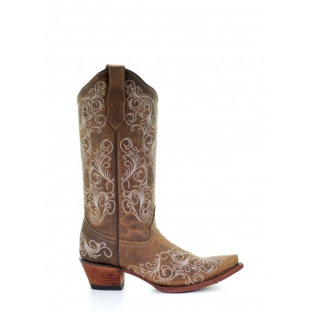 Santiags - Cuir Vachette Beige Broderie Blanche Femme - Corral Boots