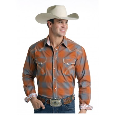 Western Shirt - Orange Grey Plaid Grandview Vintage Ombre Men