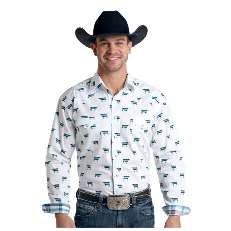 Western Shirt - White Longhorn Print Men - Panhandle