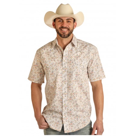 Western Short Sleeve Shirt - Beige Aztec Print Men - Panhandle