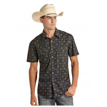 Chemise Western Manches Courtes - Noir Motif Poplin Homme - Rock&Roll Cowboy