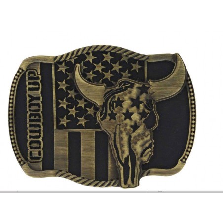 Western Buckle - Cowboy Up Flag Skull - Montana Silversmiths