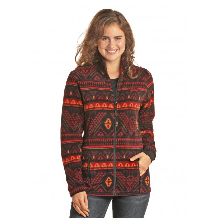 Fleece Jacket - Black Red Aztec Print Women - Powder River