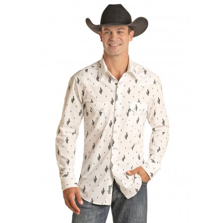 Western Shirt - White Cactus Print Men - Rock&Roll Cowboy