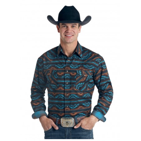 Chemise Western - Bleu Brun Motif Azteque Homme - Panhandle