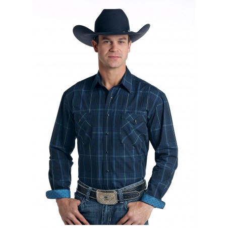 Western Shirt - Dark Blue Plaid Men - Panhandle
