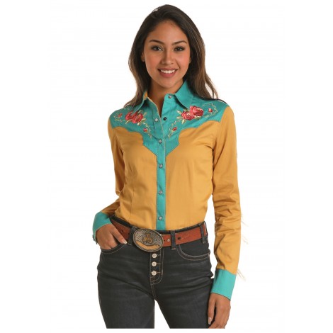 Western Shirt - Mustard Retro Fringe Embroidery Women