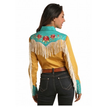 Western Shirt - Mustard Retro Fringe Embroidery Women - Rock&Roll Cowgirl