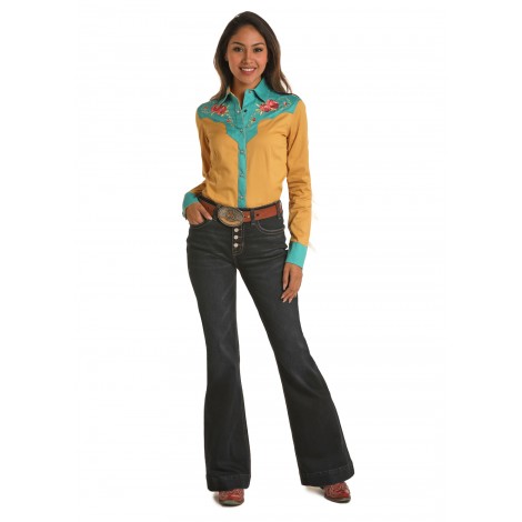 Chemise Western Moutarde Retro Broderie Frange Femme Rock Roll Cowgirl Taille XS Couleur Moutarde