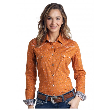 Western Shirt - Orange Mini Aztec Print Women - Panhandle