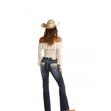 Jeans Bootcut Dark Blue Stretch Women Rock Roll Cowgirl Color