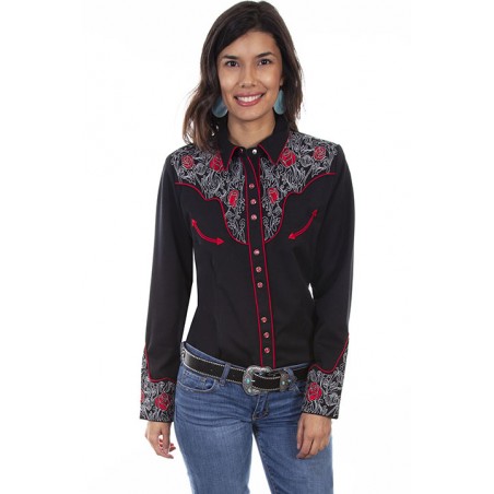 Chemise Western - Noir Broderie Rose Rouge Femme - Scully