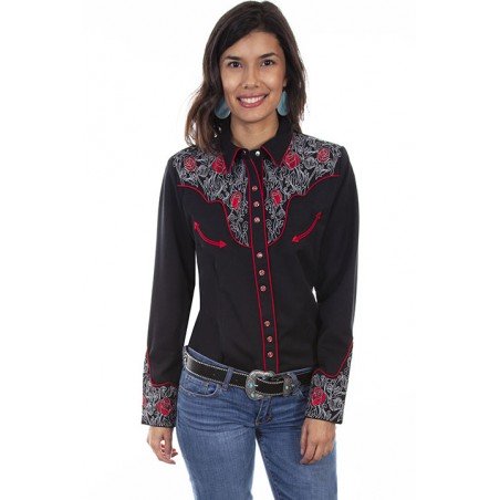 Chemise Western - Noir Broderie Rose Rouge Femme - Scully