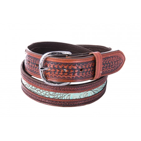 Ceinture - Cuir Vachette Marron Turquoise Unisexe - Texas Leather