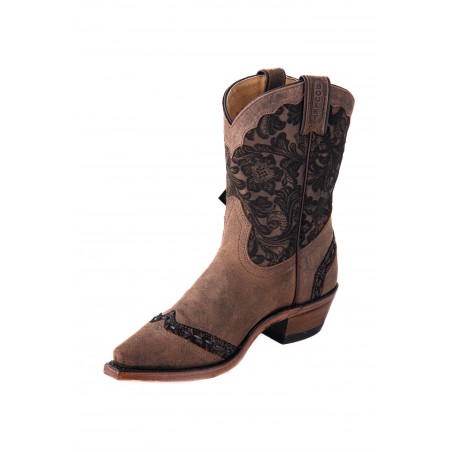 Mid Calf Boots - Cowhide Tooled Brown Snip Toe Women - Boulet Boots