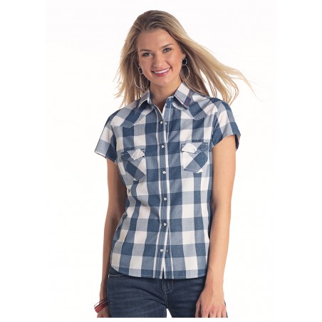 Chemise Western Manches Courtes - Bleu Carreaux Femme - Panhandle