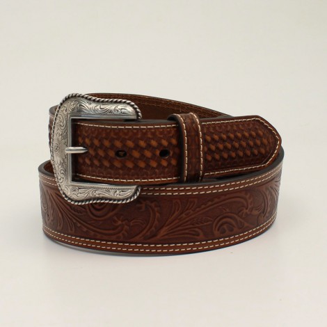 Wide Belt - Brown Cowhide Floral Basket Stamped Unisex - Nocona Belt ...