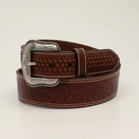 Ceinture Large - Marron Cuir Vachette Motif Basket Floral Unisexe - Nocona Belt