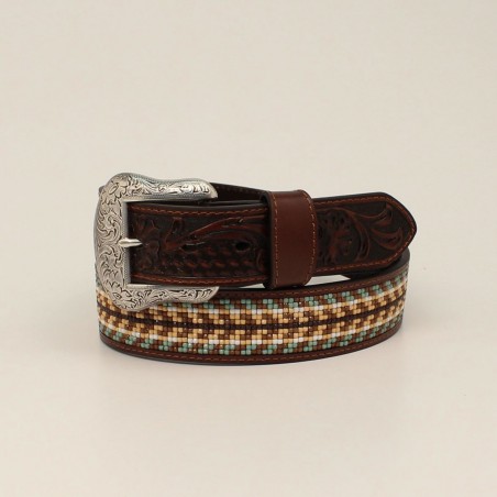 Ceinture - Brun Cuir Vachette Floral Perle Unisexe - Nocona Belt