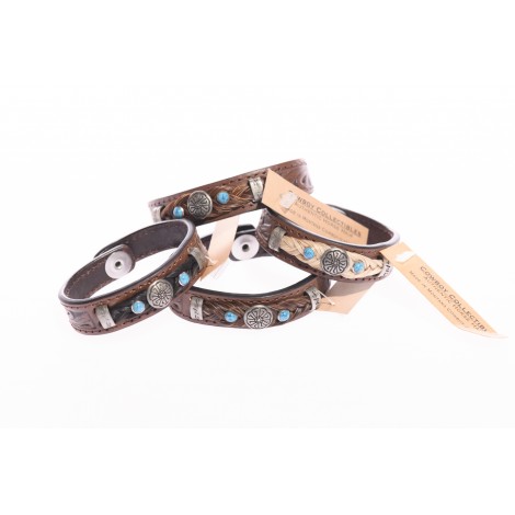 Bracelet - Tooled Leather Horse Hair Concho Turquoise - Cowboy Collectibles Size S Color White Bracelet - Tooled Leather Horse Hair Concho Turquoise - Cowboy Collectibles Size S Color White