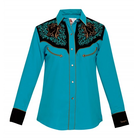 Vintage Western Shirt - Turquoise Embroidered Brown Horse Women