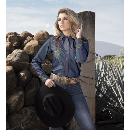 Chemise Western - Bleu Denim Broderie Rose Femme - Ranger's