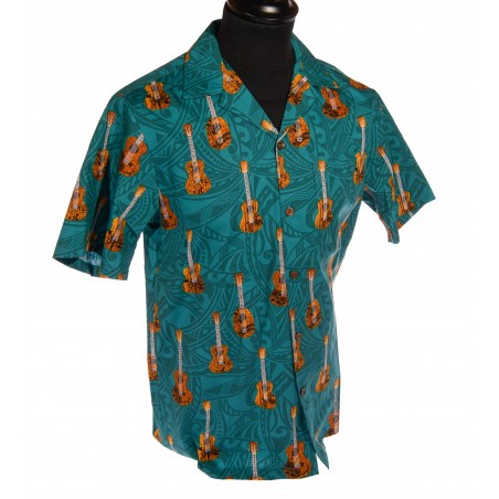 Chemise Hawaïenne - Bleu Sarcelle Imprimé Tribal Ukulele Homme - RJC