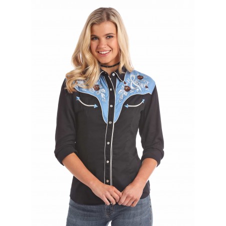 Chemise Western - Noir Rétro Broderie Rose Femme - Panhandle