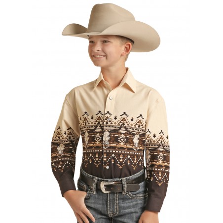 Chemise Western - Brun Motif Aztec Crâne de Buffle Enfant - Panhandle