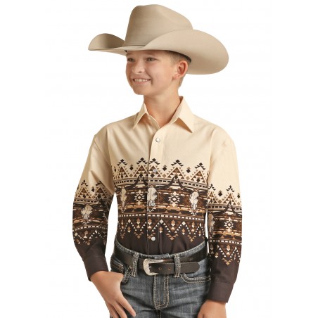 Western Shirt - Brown Aztec Skull Border Kids - Panhandle