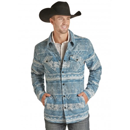 Veste Chemise Western - Bleu Motif Azteque Homme - Rock&Roll