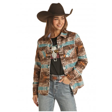 Western Shirt Jacket - Brown Aztec Print Women - Rock&Roll