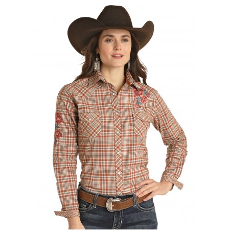 Chemise Western - Carreaux Orange Broderie Florale Femme - Panhandle