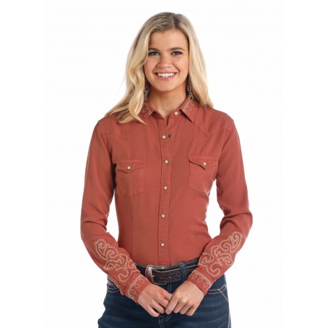 Western Shirt Solid Orange Tencel Gold Embroidered Women Panhandle Color Orange Size XS