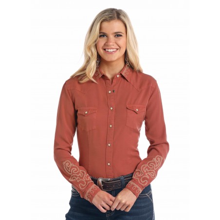 Western Shirt - Solid Orange Tencel Gold Embroidered Women - Panhandle