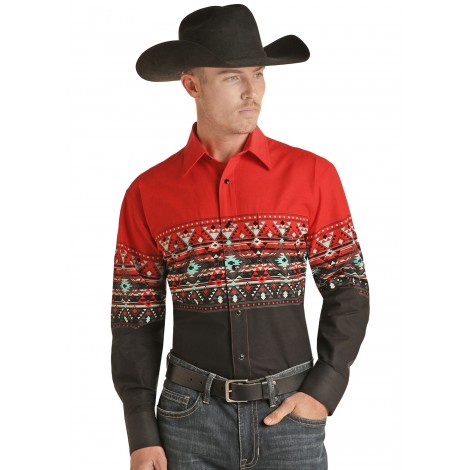 Western Shirt - Red Black Aztec Border Men - Panhandle Size S Color Red
