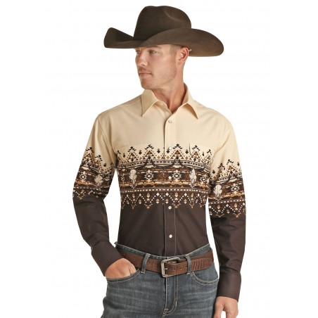 Chemise Western - Beige Brun Motif Azteque Homme - Panhandle